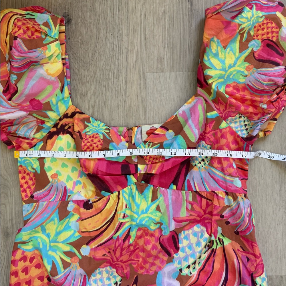 NWT FARM Rio Fruit Salad MIDI Dress Fruit Print with Puff Sleeves Size Large - Picture 6 of 16